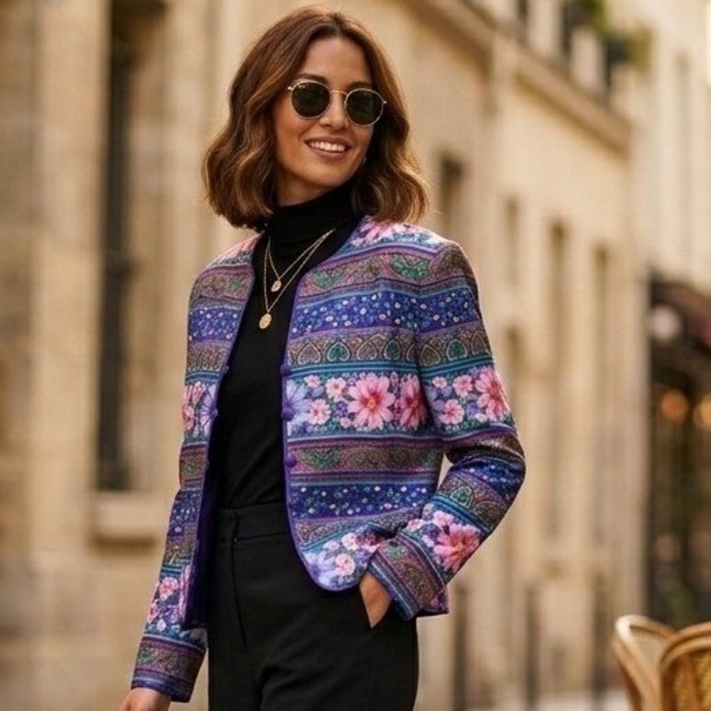 Adrianna Papell Silk‎ Jacket Women 14 Blue Floral Paisley Vintage Evening Career